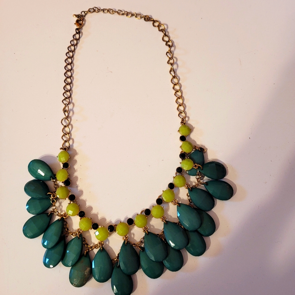 Vintage Green Beaded Rhinestone Statement Necklace 18